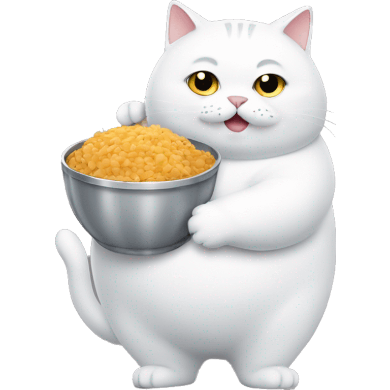 White Fat Cat carrying a food bowl emoji