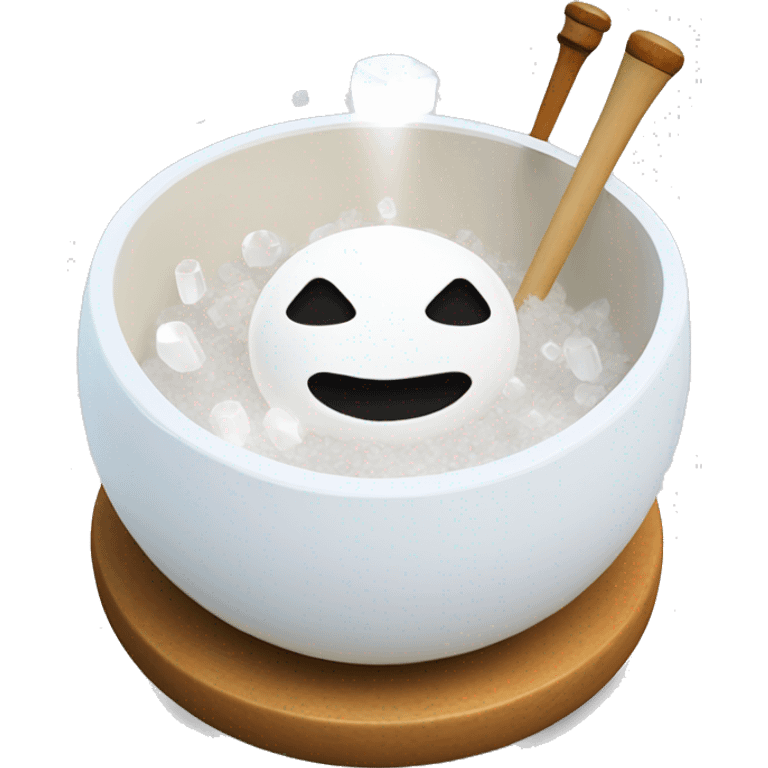 A white crystal Singing bowl on with silicone wand and musical notes floating out of the bowl cushion  emoji