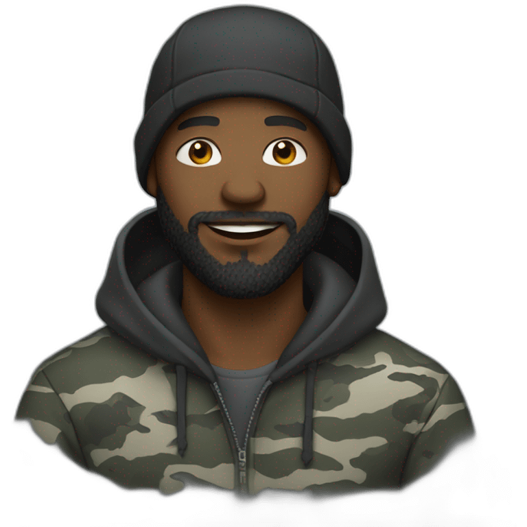 black man with a beard, gray camo hat, black hoodie emoji