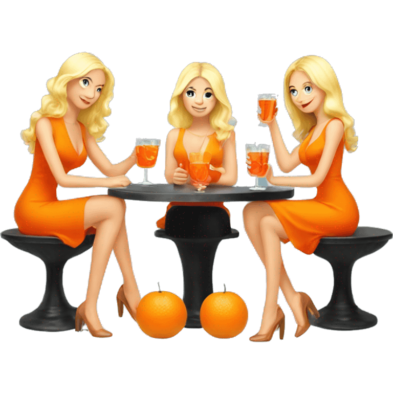 Three beautiful blond girls drinking aperol sitting on oranges emoji