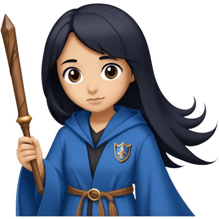 Girl with straight Long black hair and a ravenclaw Robe and a wooden wand emoji