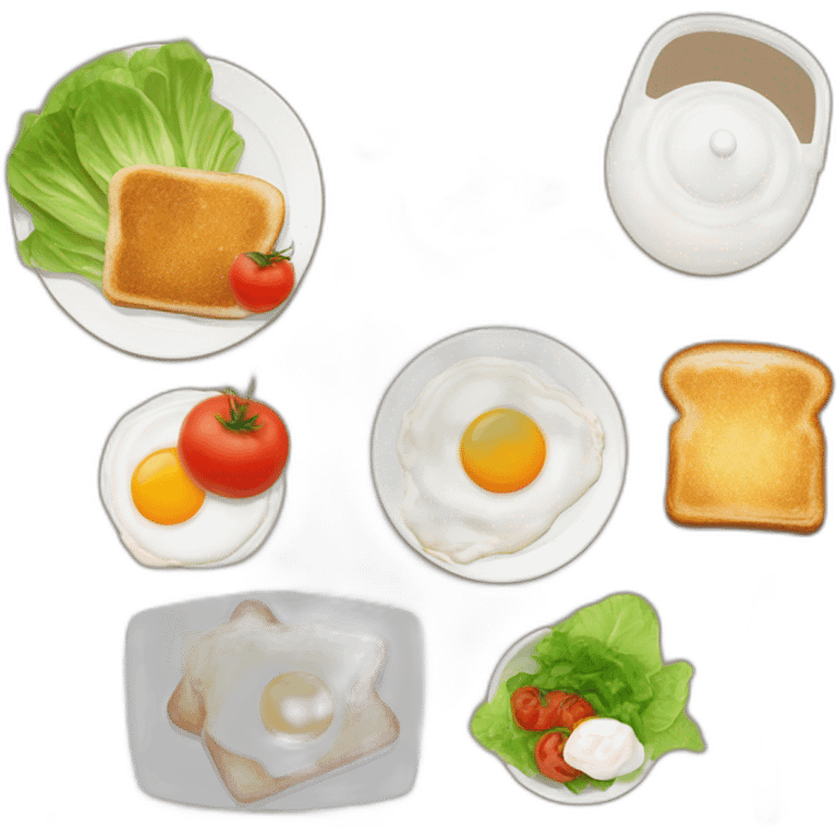 breakfast with tomatoes, lettuce, fried egg, fried fish, sour cream, toast,  tea emoji