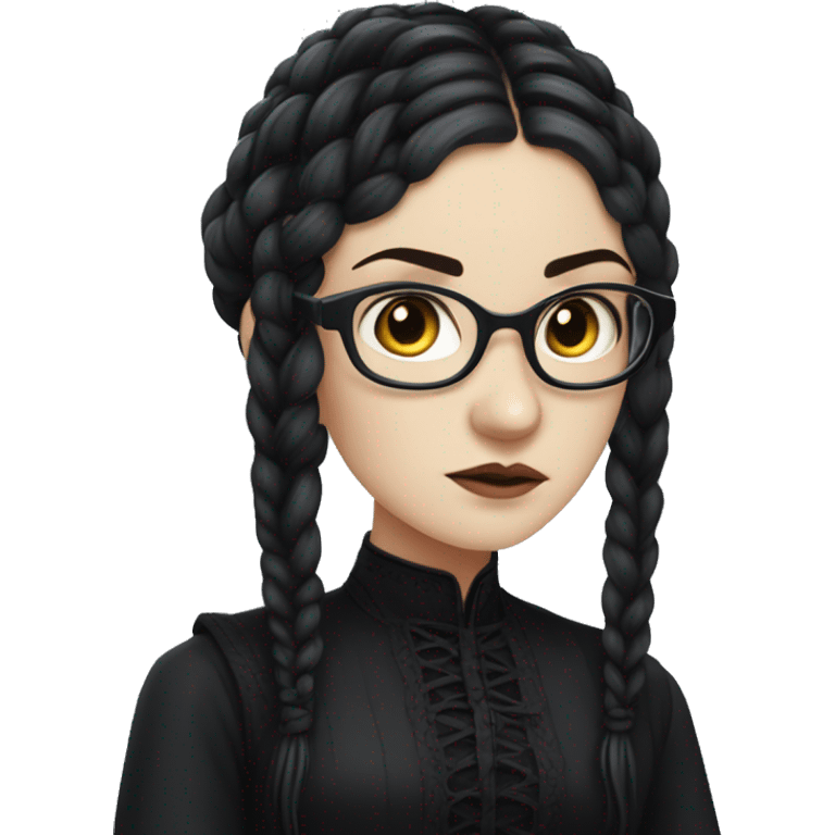 "An emoji of a girl with long black braids, pale skin, and a serious expression, wearing a dark gothic-style dress, with round black-rimmed glasses to add a studious, mysterious look emoji