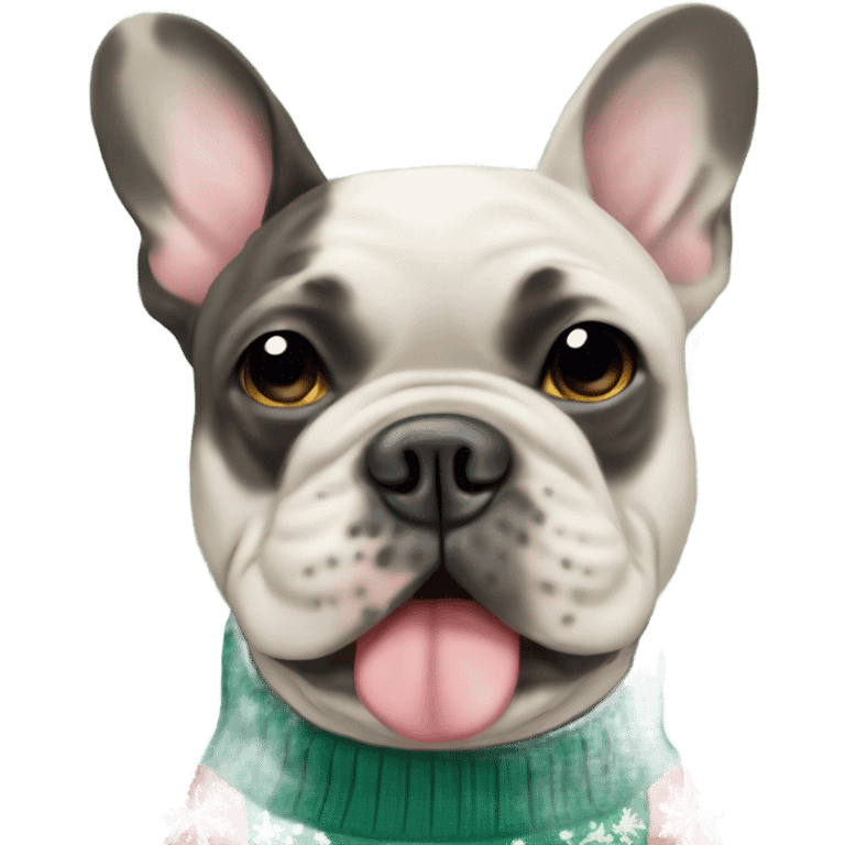 Merle French bulldog wearing Christmas sweater emoji