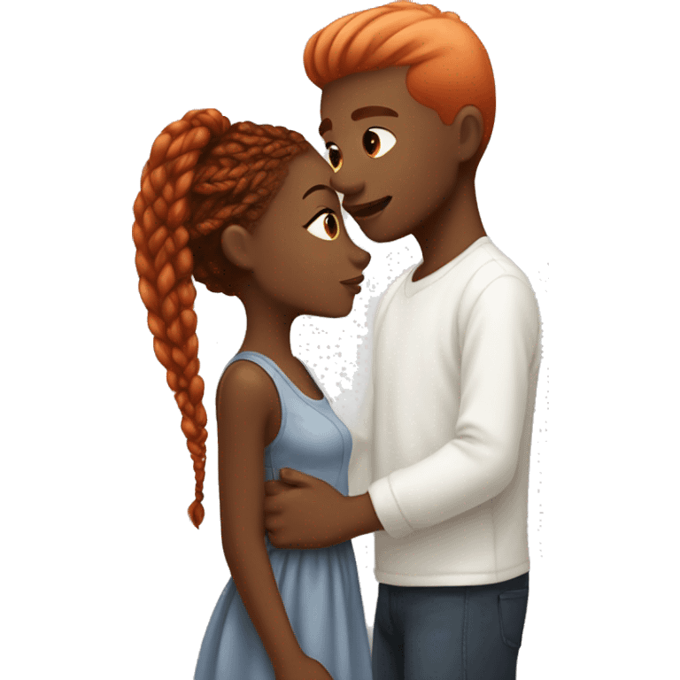 black girl with light brown braids kisses white boy with red hair emoji