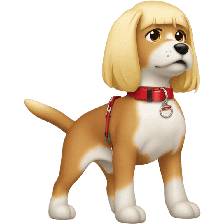 Put a Red leather dog collar on a blond white person who is a female with medium length hair and add a red leash connected to the collar emoji