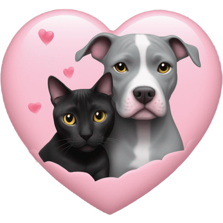 Grey pitbull and black cat cuddling with pink hearts  emoji