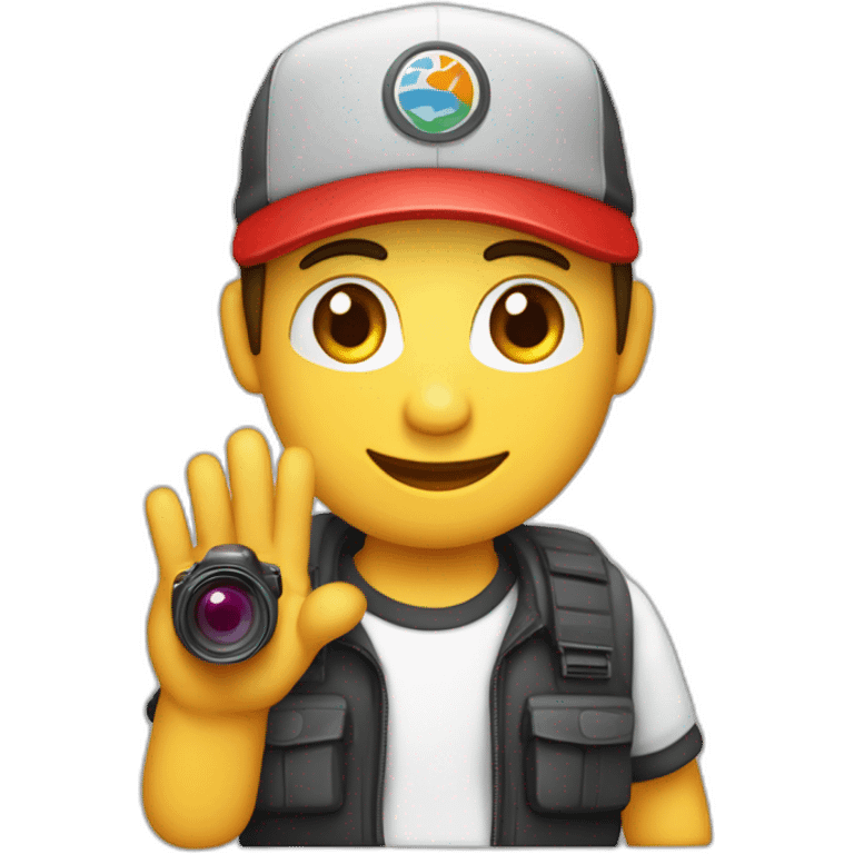 Un chico con una gorra para atras roja con una camara en la mano emoji