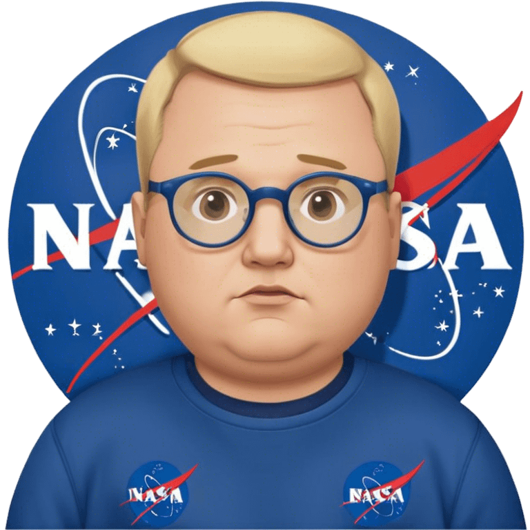 miffed and sad chubby man, with blond short and hight receding hairline, wears a dark blue nasa sweatshirt, nasa logo on the breast, round glasses, 40 years old emoji