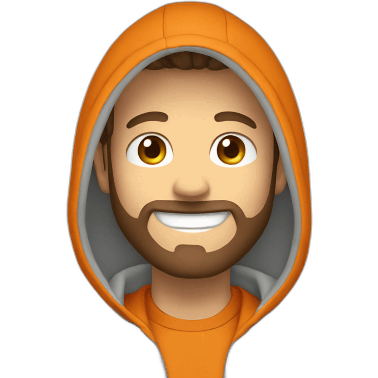 white dude smiling with a brown beard and short brown hair with an orange hooded hoodie emoji