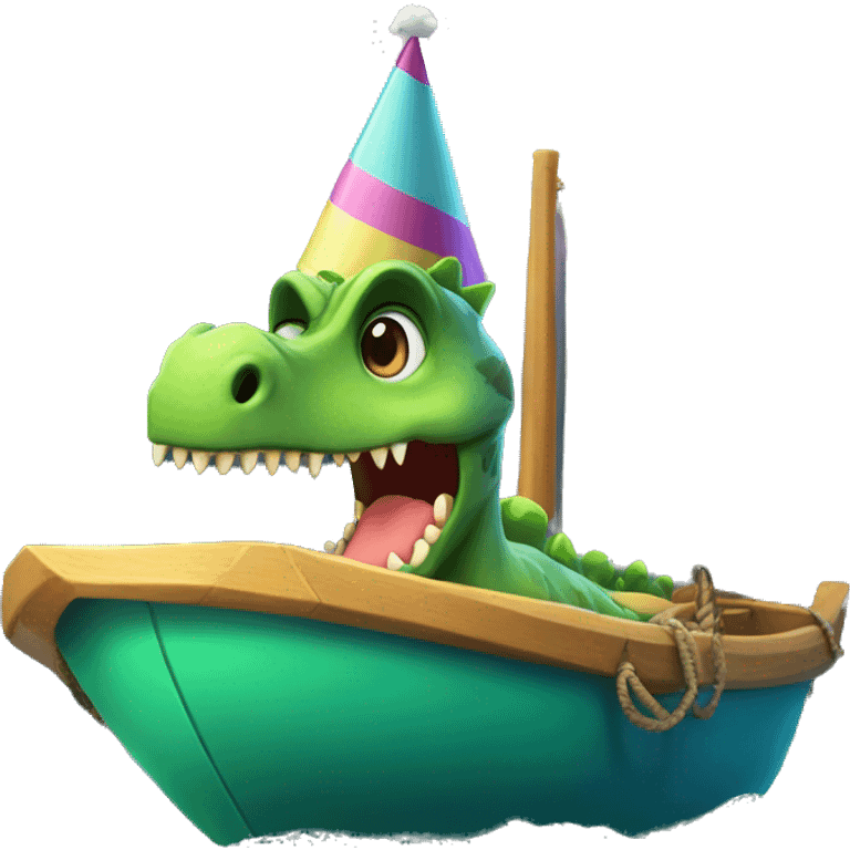 Dinosaur on a boat with a birthday hat emoji