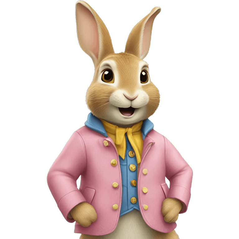 Peter rabbit: a yellow rabbit wearing a pink jacket. Eating a gorgonzola cheese emoji