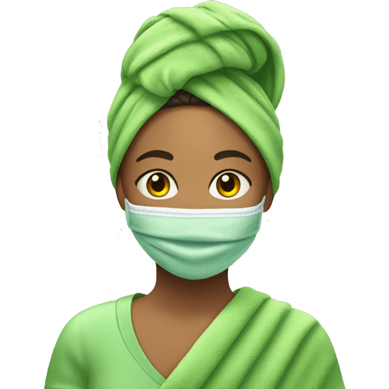 Mixed women with towel rapped around hair and green facemask on  emoji