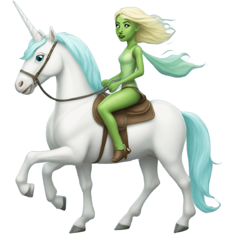 [(a light green amazon alien woman with blue eyes) on a (four-legged white unicorn)] emoji