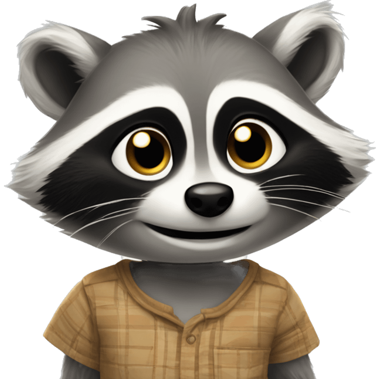 Happy Racoon in a shirt stands, stares up, touches his face and thinks really hard about difficult question emoji