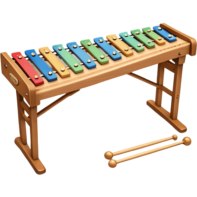 Create a vibrant and detailed emoji representing a large professional wood xylophone. The design should feature the sleek wooden keys of the xylophone, arranged neatly on the frame, with metal bars clearly visible. Add the mallets placed beside the instrument or in motion, highlighting their soft rubber heads. Use warm, natural wood tones for the keys, with subtle metallic accents to reflect the professional quality of the instrument. Add small musical notes or soundwaves around the xylophone to evoke its bright, percussive sound. The background should be transparent. emoji