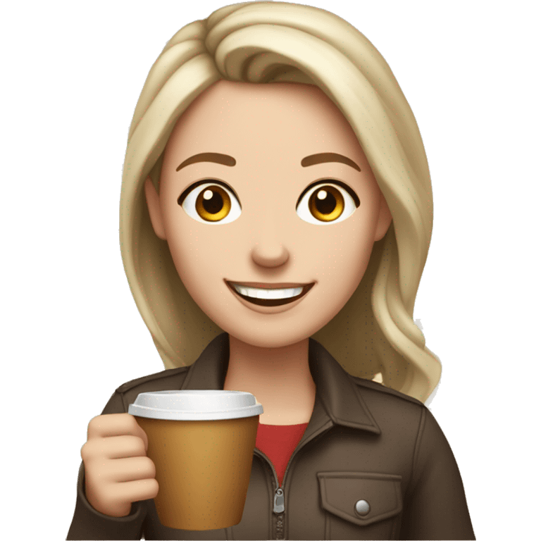 White girl with a coffe cup on the hand and smiling  emoji