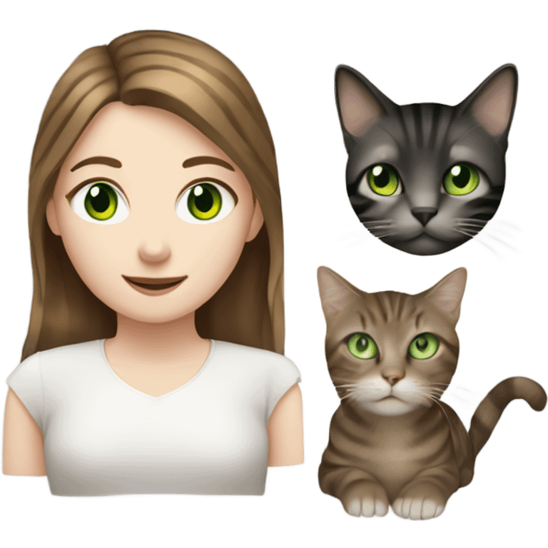 a girl, green eyes, pale skin, two cats (brown, black stripes and white on the neck) emoji