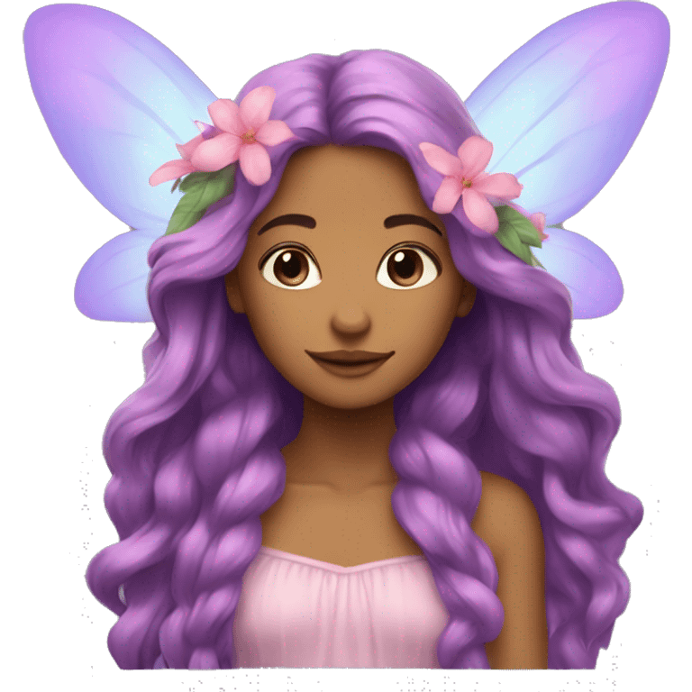 Beautiful, flower, fairy, pink, blue, purple, long hair, tan skin emoji