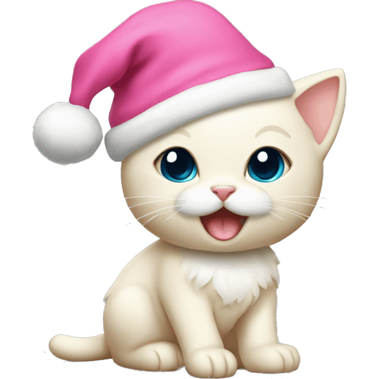 Cream kitten whole body, and with pink Christmas hat emoji