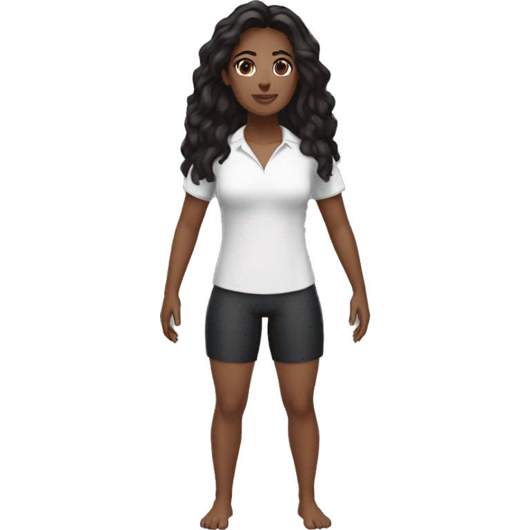 woman, swimming teacher, dark skin, black hair, short stature, brown eyes, wearing a white shirt and black shorts, normal physical build, lower lip slightly larger than the upper. emoji