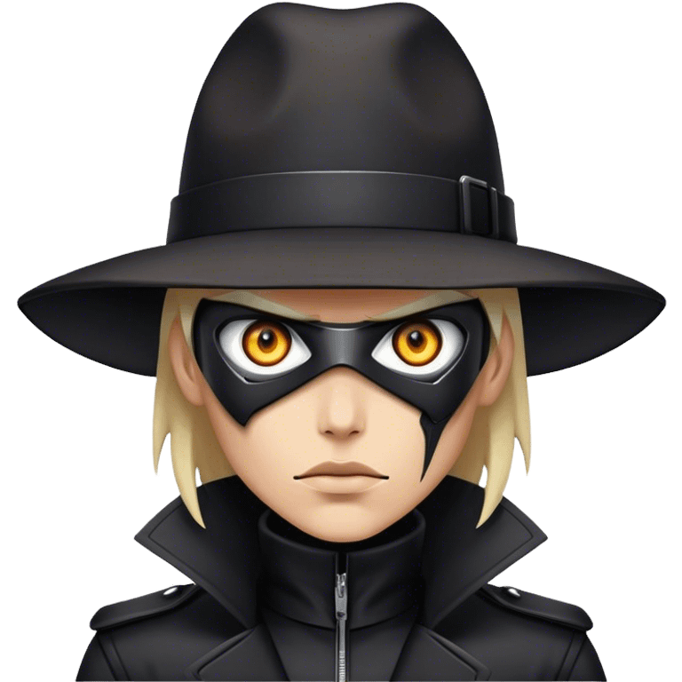 A dystopian bounty hunter, black trench coat, cybernetic eye glowing emoji