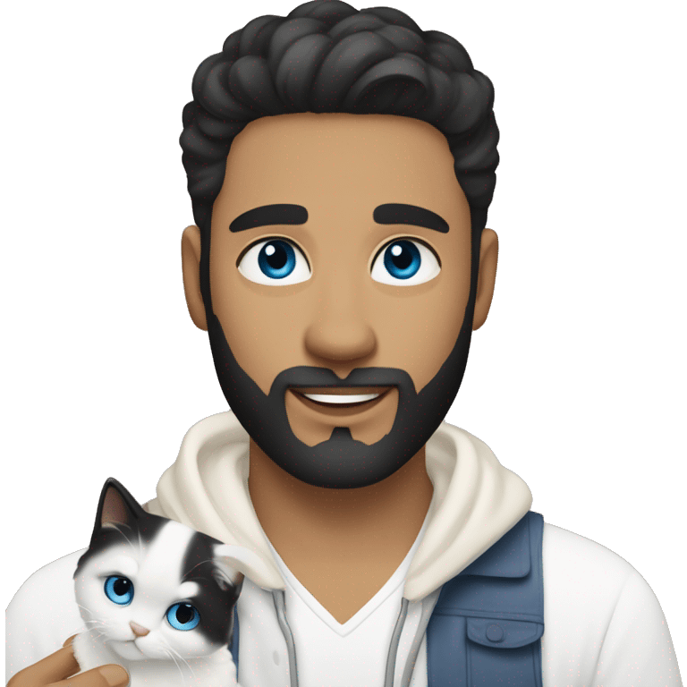 A guy with a black earing and black short hair and black beard and holding a all white Siberian cat with blue eyes  emoji