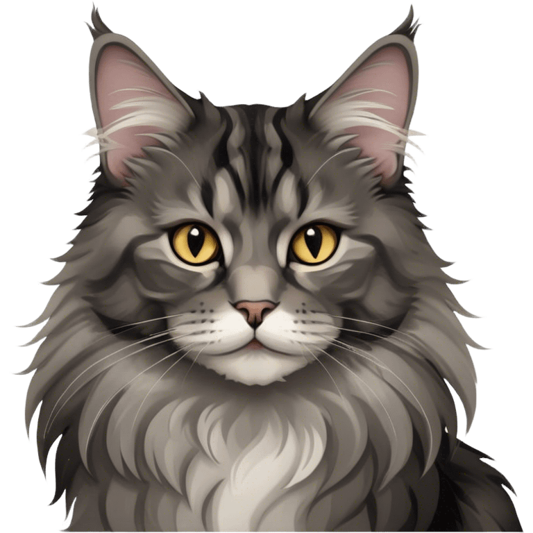 Hobby cats, Maine Coon, black smoke color pattern, fluffy fur, elegant pose, expressive eyes, grey collar, minimalistic, on a white background, no extra details. emoji