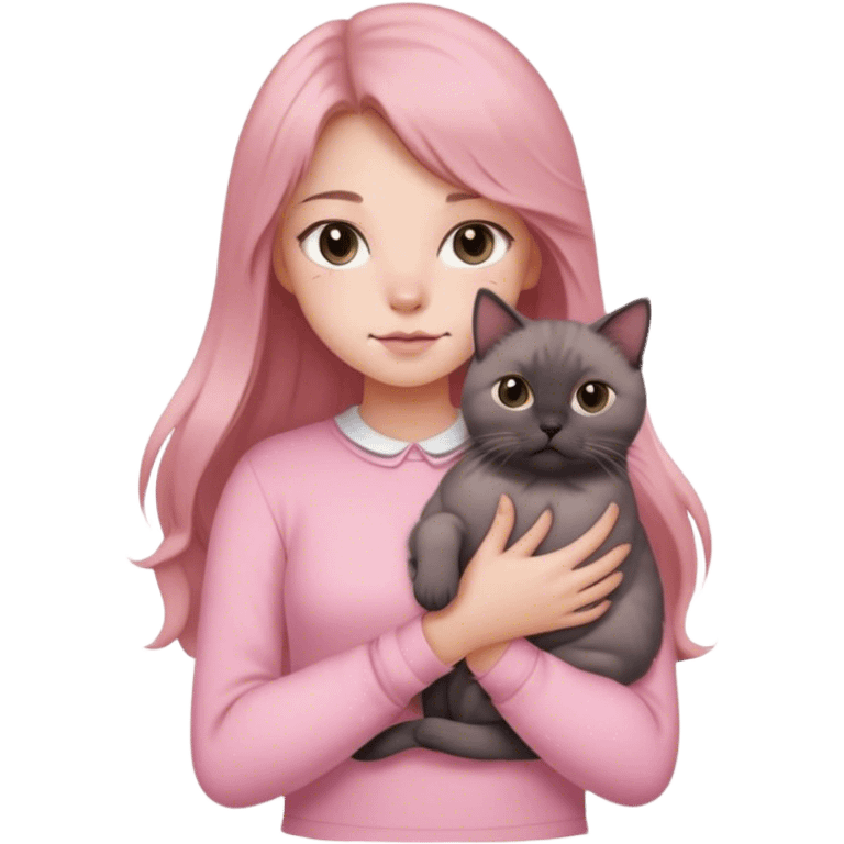 
girl with light brown long hair, grey eyes and fair skin in pink pastel clothes holds a black British cat in her arms emoji