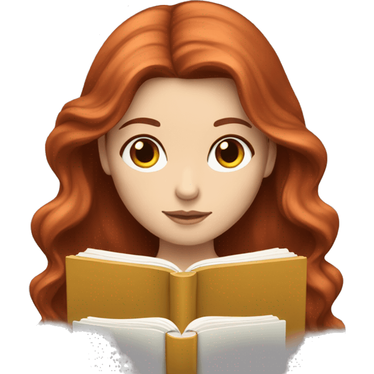 White girl with long loose wavy darker red hair reading a book emoji