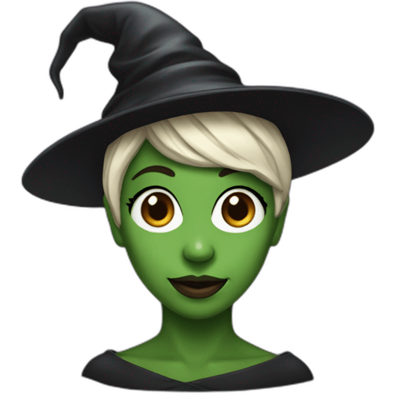 Cynthia Erivo with green skin and a witch hat emoji