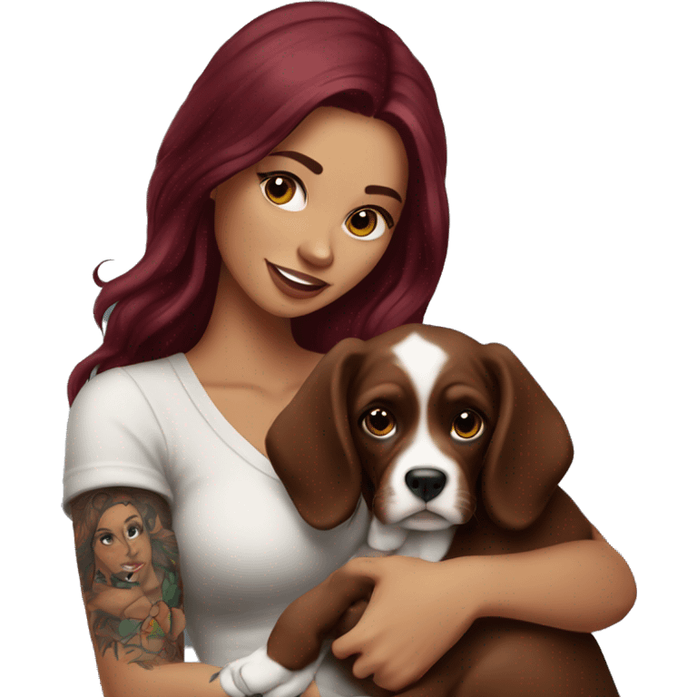 Beautiful tattooed  burgundy long haired woman holding a boxer puppy emoji