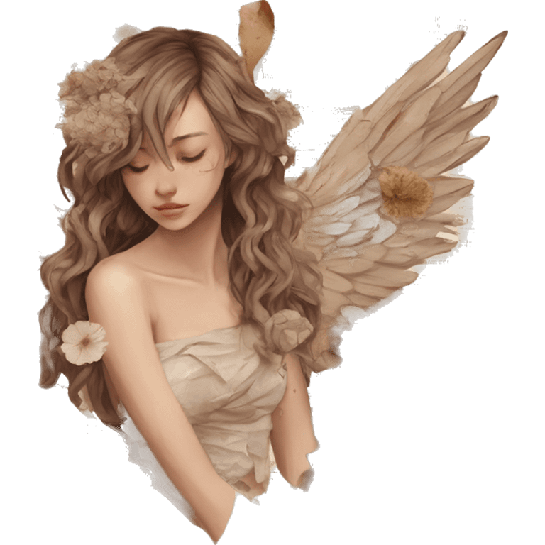 Library book bookworm academia aesthetic beige angel broken angel fallen angel tattoos with broken wing damaged wing torn wing, made of newspaper cuttings and dried flowers brown flowers emoji