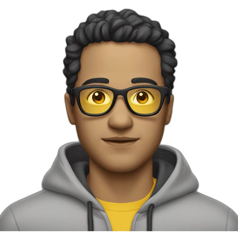 White man with yellow tinted glasses and black hair in a gray hoodie emoji