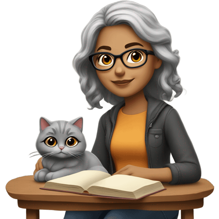 Beautiful Hispanic girl, wearing glasses, shoulder length gray hair, sitting with a cat and book on her lap.  She’s wearing fall colors.  emoji