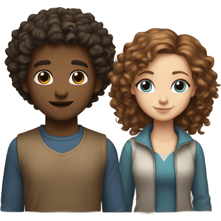 Girl with curly hair and blue eyes. And a guy with brown hair brown eyes. Both white skin emoji