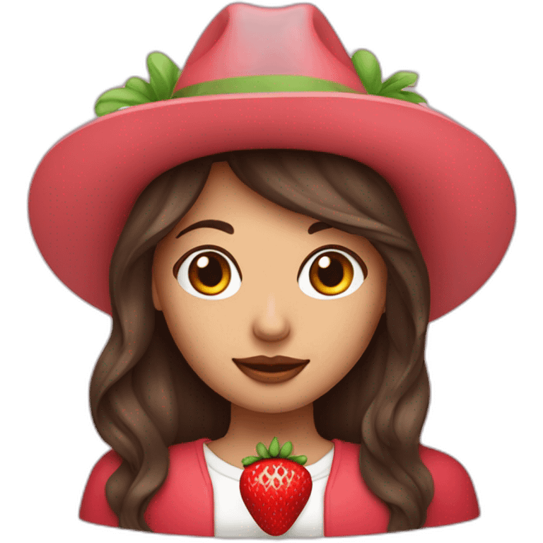 Brunette girl with long wolf cut hair and strawberry hat emoji