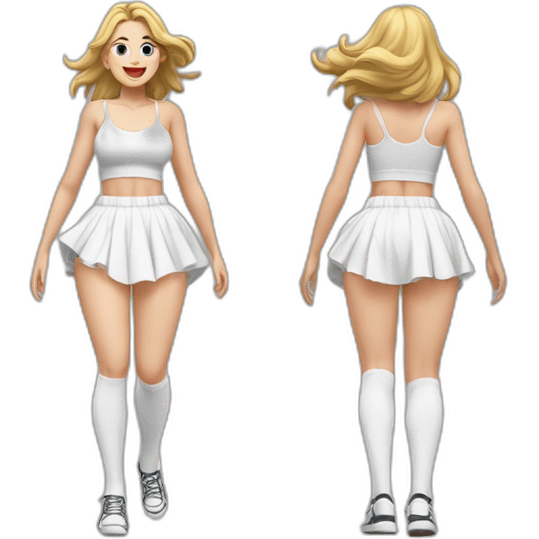 full-body-caucasian-curvy-beauty-jumping-short-black-skirt-back-and-front-views-strong-wind-white-knickers-long-white-socks emoji