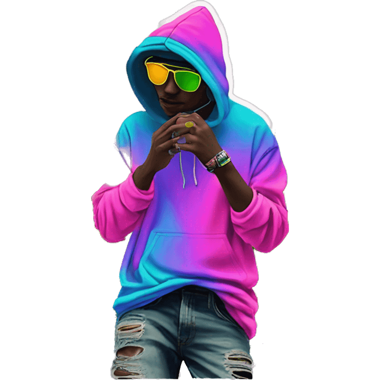 Hemp leaves Multicoloured neon person smoking wearing hoodie dancing hip hop bucket hat tropical Skater fashion aesthetic baggy clothes graphic t shirt 420 emoji