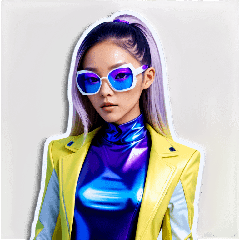 a futuristic and stylish cyberpunk-inspired Asian woman with light tan skin. She has long, flowing ombre hair that transitions from deep blue to vibrant violet, giving her an otherworldly aesthetic. She wears oversized, sleek white futuristic glasses that enhance her high-tech appearance. Her outfit is a form-fitting, reflective metallic bodysuit with neon cybernetic details, glowing accents, and a sci-fi-inspired design. emoji