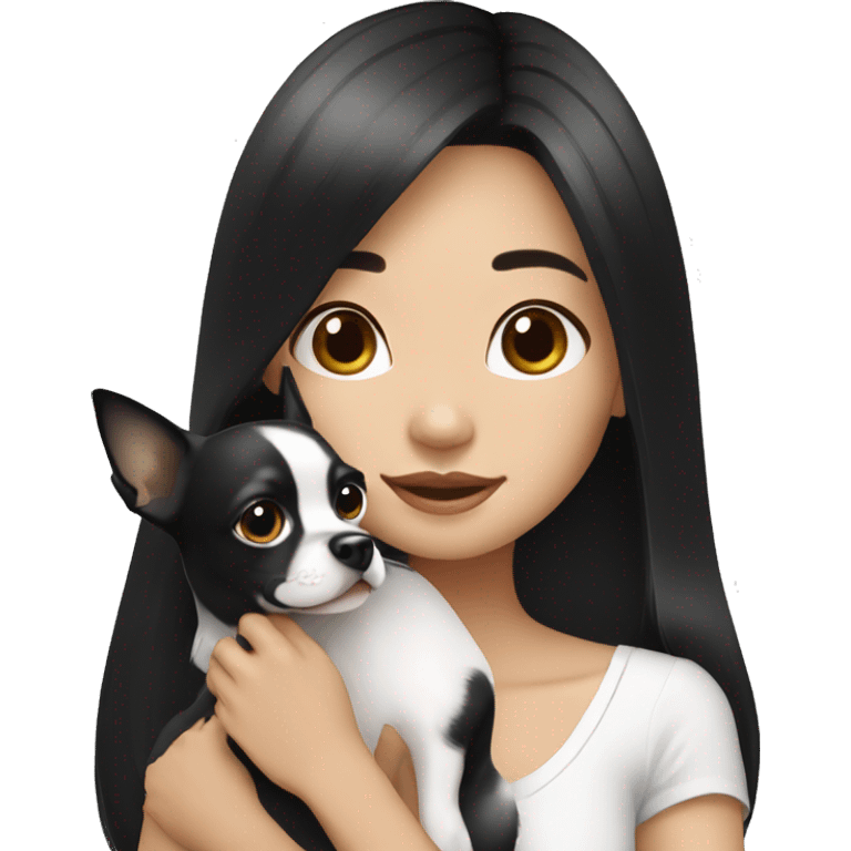 long black hair Thai girl with Chihuahua black and white. emoji