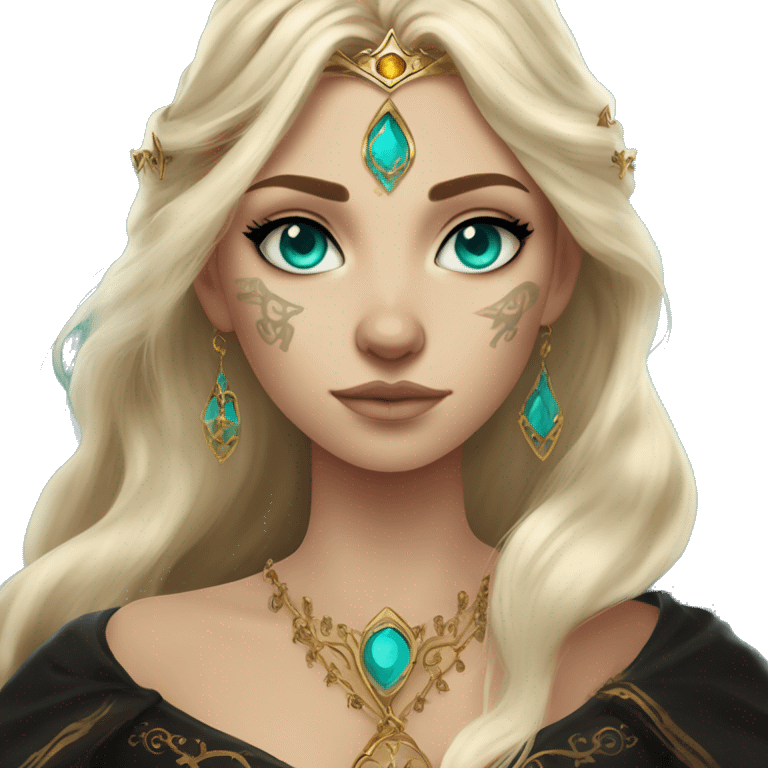 Aelin has white or golden blonde hair, turquoise eyes with a gold ring around the pupil, and tattoos and scars. Wearing a black and gold gown with a crown made of fire emoji