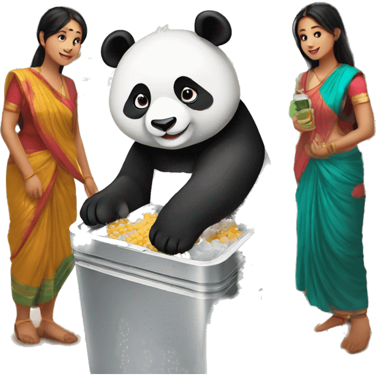 Cute panda standing in india while having air from a cooler in a crowded village of india emoji