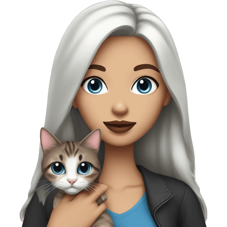 Woman with dark long hair, pink lips and blue eyes holding a tabby cat  emoji