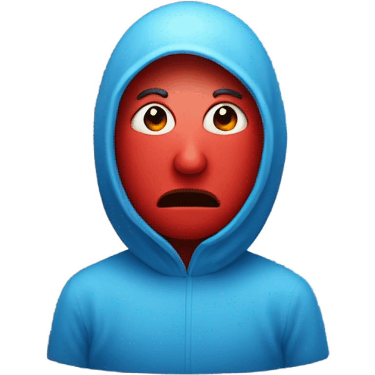 A Person with red all over their face no eyes no mouth no ears no hair that has a little blue round thing covering their sight emoji