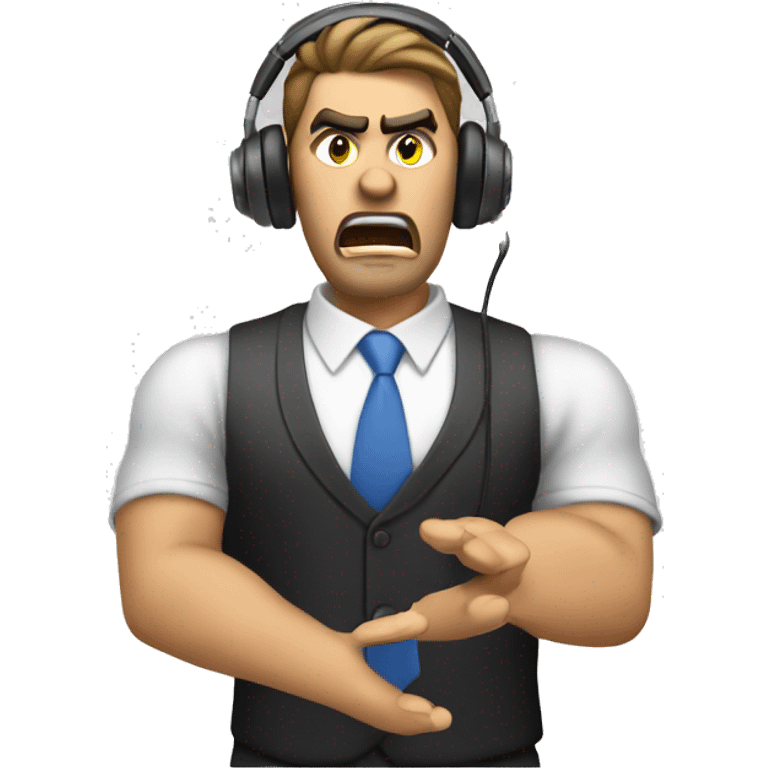 Angre sales agent making a sales call wearing a headset angry face emoji