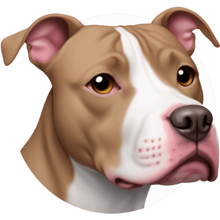 pitbull mix white with brown eye on right with a little on ear like oval and on left a little circle round on the edge of her ear with the words  chata in pink emoji