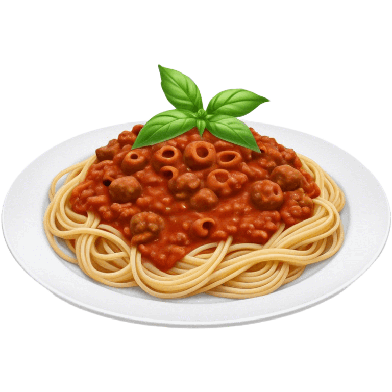 Spaghetti Bolognese on a plate,nice basil on top emoji