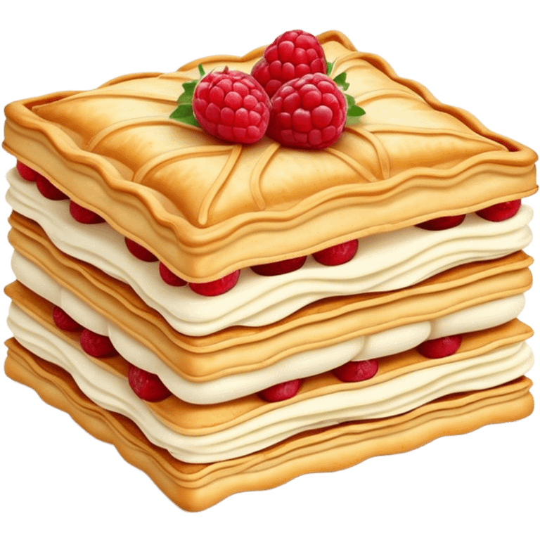 Mille-feuille Cinematic Realistic Mille-Feuille Dessert Emoji, depicted as a delicate pastry composed of two crisp layers of puff pastry with a rich cream filling, rendered with intricate textures and elegant, soft lighting. emoji