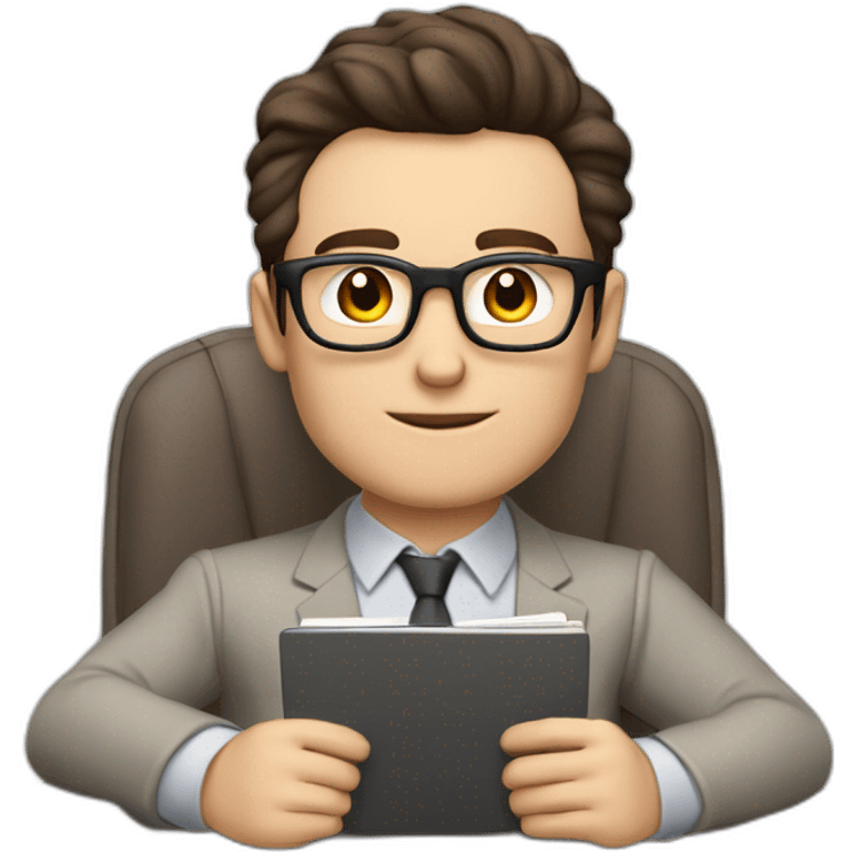 Pale skinned Fit Man With dark brown hair in gray jacket, beige office shirt and vintage glasses sitting In a soft chair with a notebook with emblem Ψ and a pen in his hands emoji